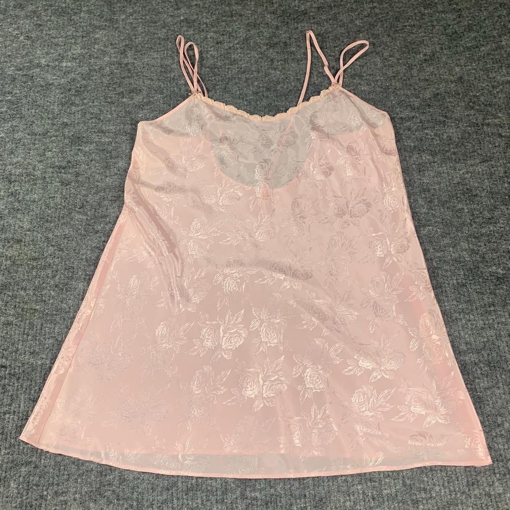 Vintage Delicates Slip Womens Large Pink Floral Jacquard Satin Chemise Nightie